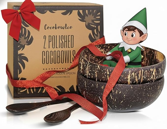 Coconut Bowl Set with Wooden Spoons –White Elephant Gifts For Adults, Christmas Gifts. Eco-Friendly Acai Bowls, Yogurt Bowls & Smoothie Bowl – Ideal for Ninja Creami (2, Polished)