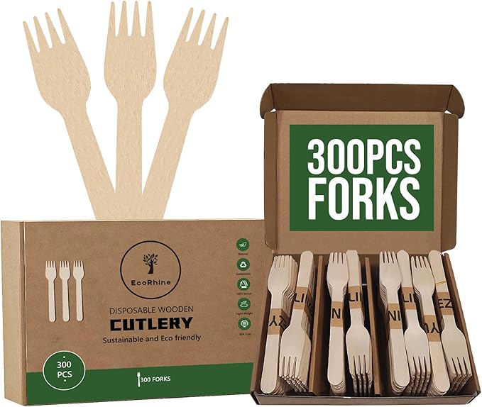 Disposable Wooden Cutlery Set - 300 PCS Wooden Compostable Forks Utensil Set - Disposable Cutlery Set for Outdoor, Party, Camping & More
