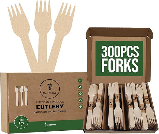 Disposable Wooden Cutlery Set - 300 PCS Wooden Compostable Forks Utensil Set - Disposable Cutlery Set for Outdoor, Party, Camping & More