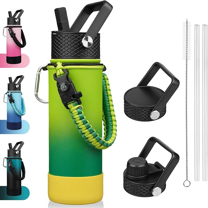 BJPKPK Insulated Water Bottle with Straw Lid, 22oz Thermal Flasks Water Bottles with 3 Lids, Paracord Handle & Non-slip Boot, BPA Free Leak Proof Stainless Steel Tumblers,Bamboo Grove
