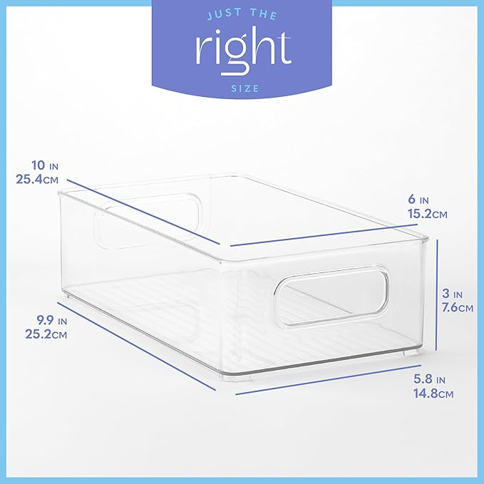 primebox Plastic Food Storage 2 Pack Clear Container Bin with Handles for Organizing Kitchen, Pantry, Refrigerator, Freezer, Pantry, Cabinet, Closet, Bathroom. Stackable 10”x6”x3”