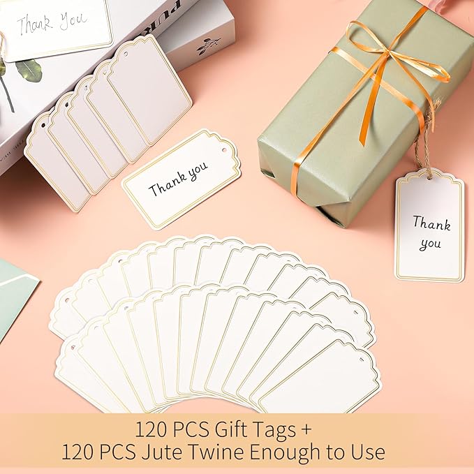 120 PCS Gift Tags with String Gold Foil Metallic Gift Tags Writable Blank Tag for Valentine's Day Baby Shower Birthday Wedding Presents Labeling DIY Craft Project 3.5''×2''