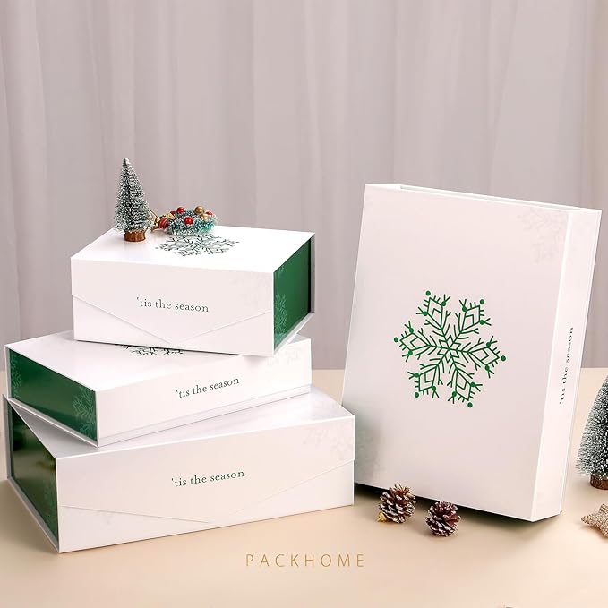 PACKHOME 6 Large Christmas Gift Boxes with Lids 13.5x9x4.1 Inches, Sturdy Collapsible Gift Boxes with Magnetic Closure (Green Snowflake Pattern)
