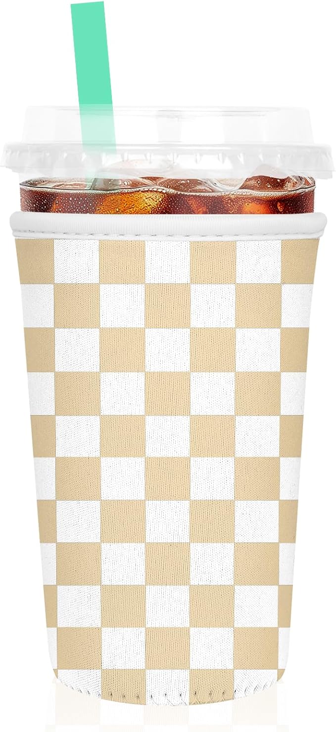 Iced Coffee Sleeve, Reusable Insulated Neoprene Cup Sleeve for Cold & Hot Drinks Beverages, Cup Holder for 32oz Coffee Cups, Orange Plaid