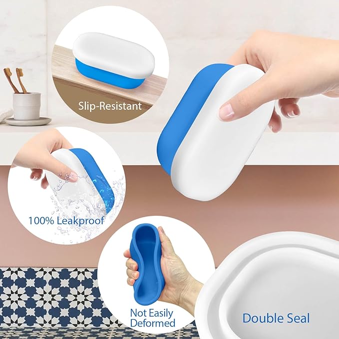 Leakproof Silicone Travel Soap Case with Drainage Layer, Silicone Bar Soap Holder Compact Portable Shatterproof Soap Container Box for Bathroom Gym Camp Travel Toiletries (KleinBlue, Clear Lid)