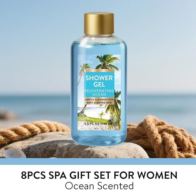 Ocean Breeze Christmas Spa Gifts for Women, 8 Piece Bath Set with Bubble Bath & Bath Bombs, Refreshing Gift Baskets for Her, Self Care Package with Body Scrub, Lotion, Hand Cream