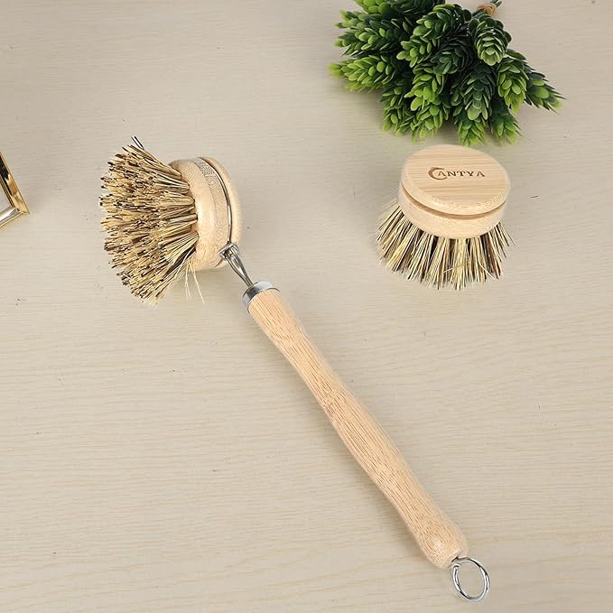 Bamboo Dish Scrubber with Handle 4 Replacement Heads, Natural Dish Scrub Brush Sustainable & Biodegradable, Bamboo Dish Brush for Cleaning Cast Iron Pan/Pot(Hard Bristles)