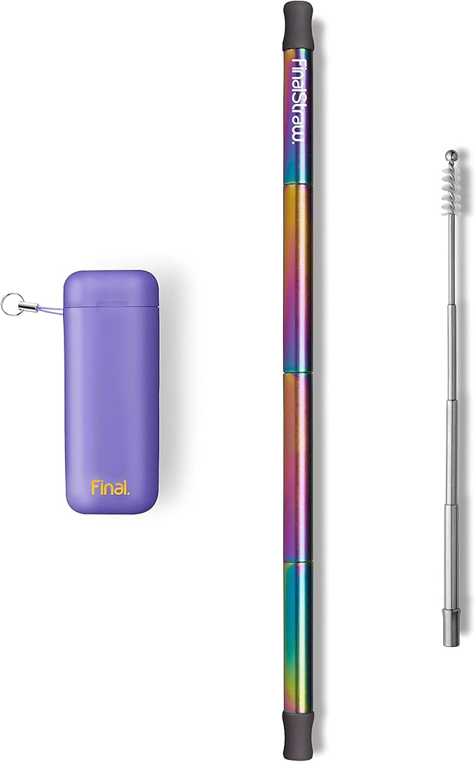 FinalStraw Collapsible, Reusable, Metal Straw | Travel Case, Cleaning Tool | Easy to Clean | Stainless Steel and 100% Silicon Tips | Eco-Friendly | Porpoise-ful Purple Case, Rainbow Stainless Steel