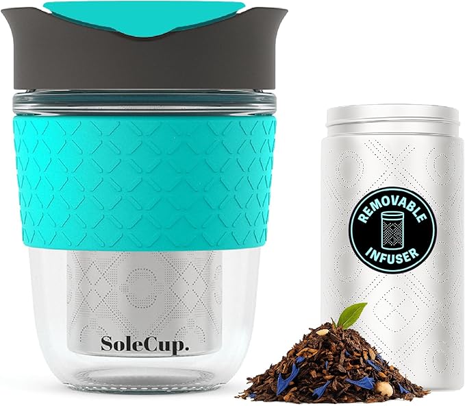 Travel Mug Loose Tea Infuser - Detachable Tea Strainer with Spillproof Lid - BPA-Free Reusable Glass Travel Coffee Cup with Silicone Band (Gray and Blue, 12oz)