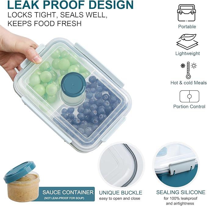 3 Pack Salad Lunch Box Food Storage Containers, 47oz Bento Box To Go Container with Lids, Meal Prep Containers with Removable Tray & Dressing Pots for Kids and Adults, Reusable and Microwave Safe