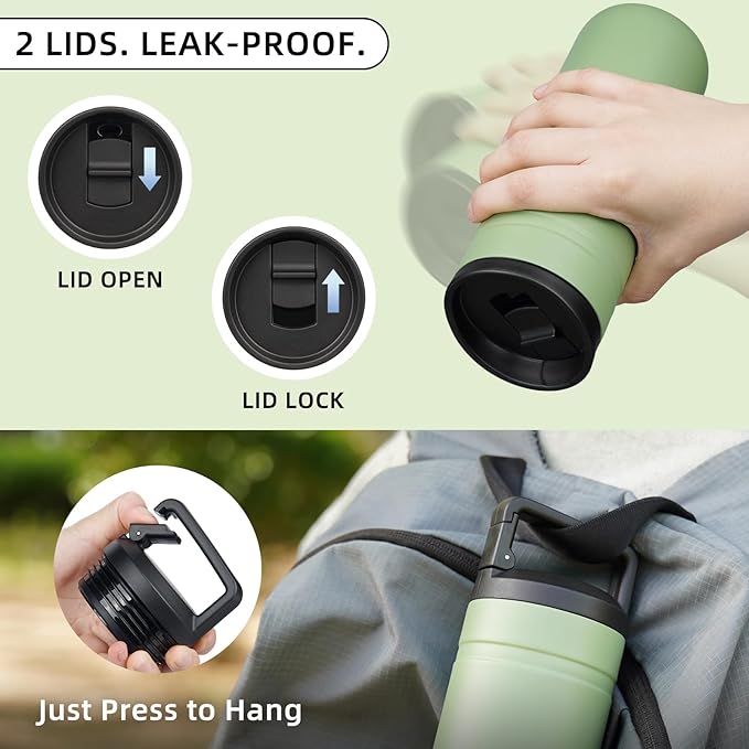 BJPKPK Insulated Water Bottle with 2 Lids,20 oz Double Wall Stainless Steel Vacuum Tumbler Travel Coffee Mug,Wide Mouth Thermal Cup,Forest Green