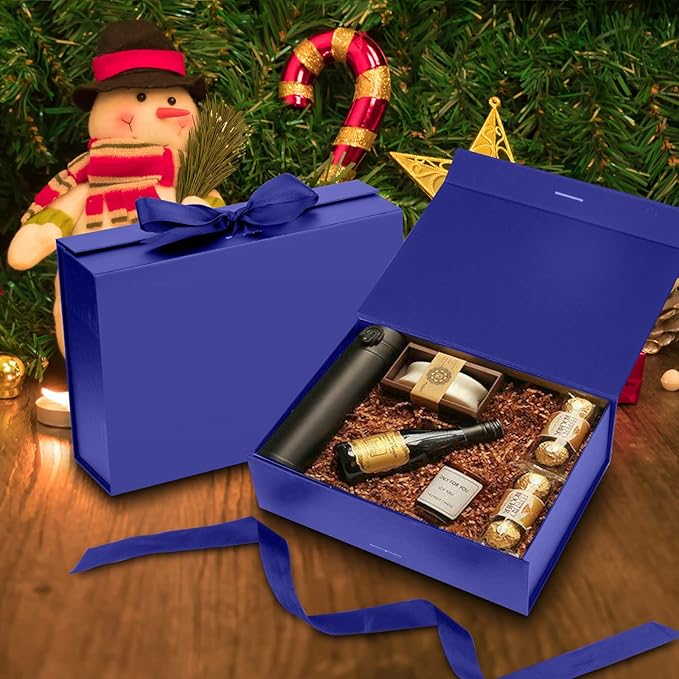 DaiJoob Gift Box with Lid for Presents 10.5x7.5x3.1 Inches with Ribbon and Magnetic Closure(1-Pack) (Blue)