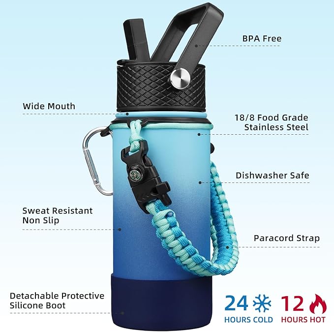 BJPKPK Water Bottle with Straw Lid, 18oz Insulated Water Bottles with 3 Lids, Paracord Handle & Non-slip Boot, Metal Stainless Steel Thermal Flasks, BPA Free Leak Proof Cups, Tumblers,Sky