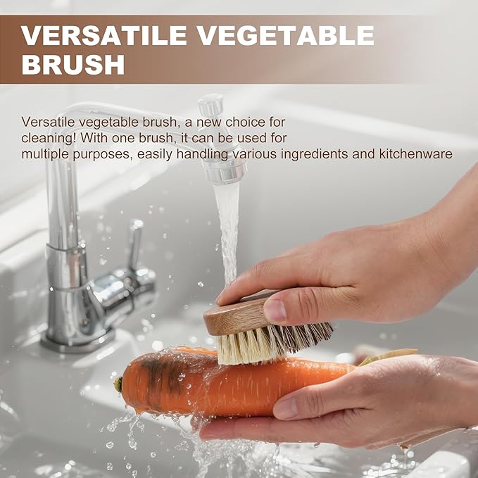 2 Pack Wooden Vegetable Brush Scrubber for Food - Dual Bristle Potato Brush Scrubber with Hanging Rope | Natural Compostable Kitchen Vegetable Scrubber for Potatoes, Carrots, Fruits