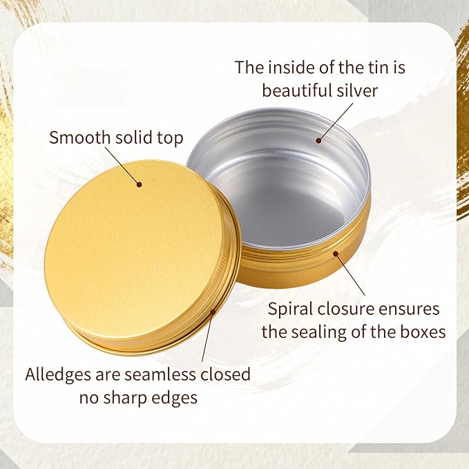 Patelai 72 Pcs Aluminum Tins 36pcs 2oz+4oz 36pcs Salve Containers with Screw Lid and Labels Round Cans Travel Cosmetic Metal Tins Jar for Candles Lotion Bars Balms Food Spice Candies DIY Crafts(Gold)