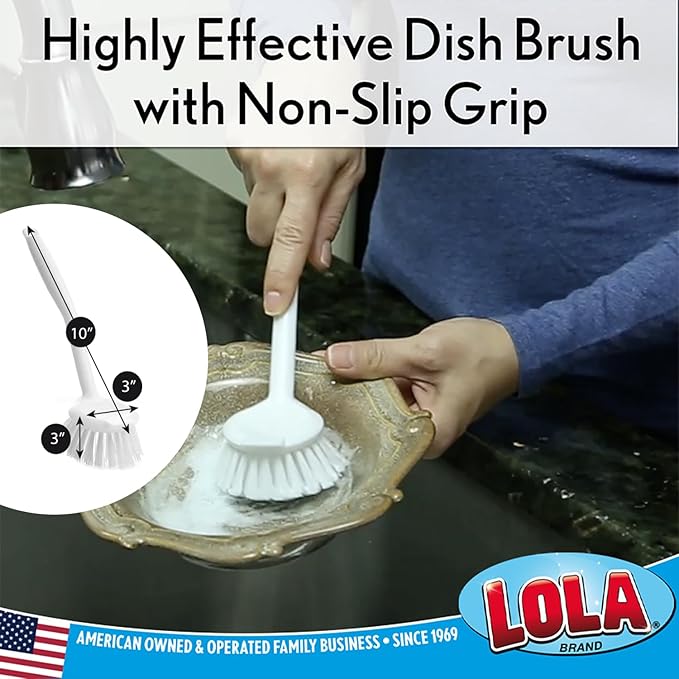 LOLA Dish Brush w/Scraper, 6 Pack, Durable Fiber Non-Scratch Bristles, Ergonomic Non-Slip Grip Handle, for Baked-on & Caked-on Messes