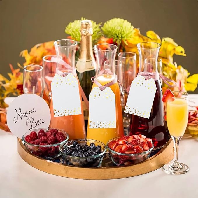 jijAcraft 100Pcs Gift Tags with String, Foil Gold Dots Blank Tags, 3.3x2.2Inch White Paper Tag, Party Favors Hanging Name Labels for Baby Shower, Birthday, Wedding