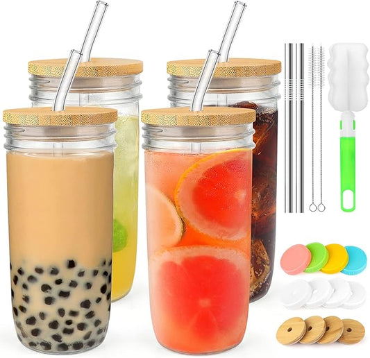 4-Pack 24oz Glass Cups with Lids and Straws - Wide Mouth Mason Jars, 12 Lids (Bamboo/Plastic) & 8 Straws - Reusable Tumblers for Smoothies, Iced Coffee