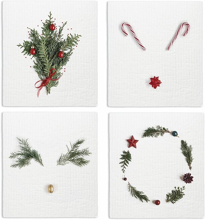 Swedish Dishcloths for Kitchen, Christmas Wreath Xmas Winter Kitchen Dish Towels for Washing Dishes, 4 Pack Reusable Paper Towels, Sponge Cloths for Holiday Home Cleaning Baking Cooking