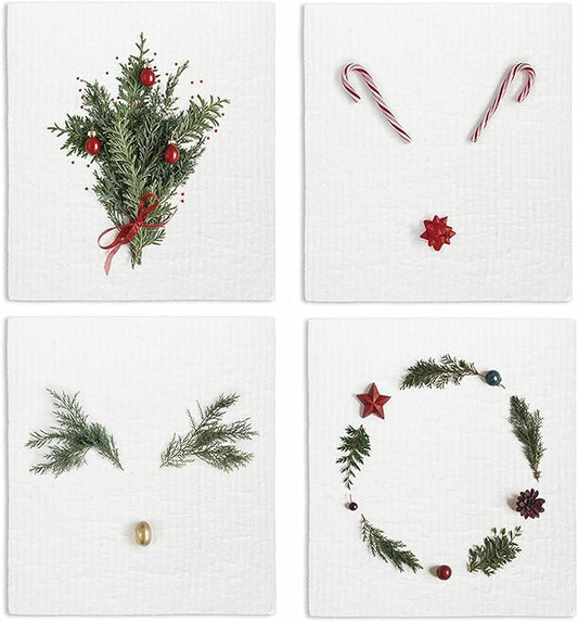 Swedish Dishcloths for Kitchen, Christmas Wreath Xmas Winter Kitchen Dish Towels for Washing Dishes, 4 Pack Reusable Paper Towels, Sponge Cloths for Holiday Home Cleaning Baking Cooking