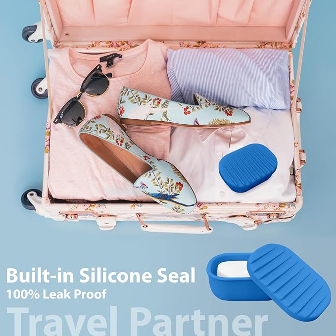 Leakproof Silicone Travel Soap Case with Drainage Layer, Silicone Bar Soap Holder Compact Portable Shatterproof Soap Container Box for Bathroom Gym Camp Travel Toiletries (KleinBlue, Drainage Lid)