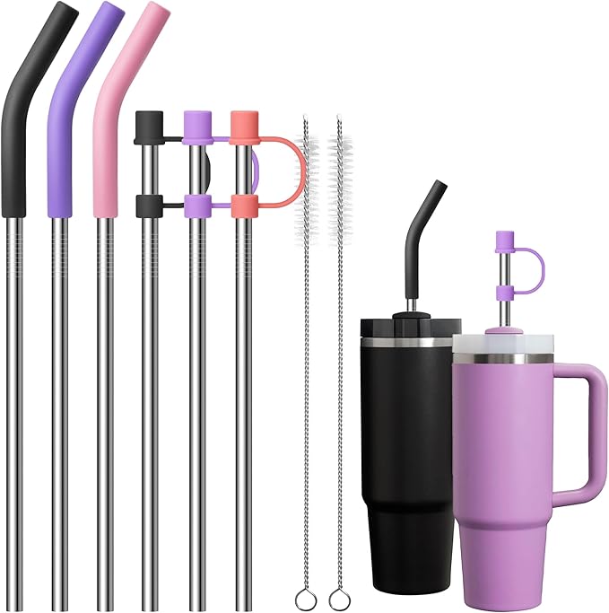Metal Straws with Silicone Tips for 30 oz Stanley Cup, Reusable Stainless Steel Drinking Straws with Straw Cover for 30 oz Tumbler, 2 Clean Brush