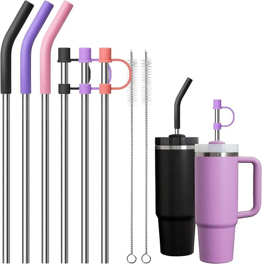 Metal Straws with Silicone Tips for 30 oz Stanley Cup, Reusable Stainless Steel Drinking Straws with Straw Cover for 30 oz Tumbler, 2 Clean Brush