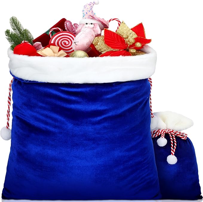 Shappy 2 Pieces Christmas Velvet Santa Bags with Drawstring in 2 Size Large Christmas Bags Santa Gift Sack for Xmas Playing Present Toy(Royal Blue)