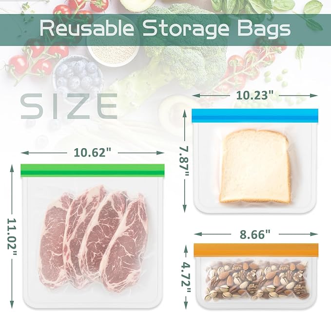 Reusable Food Storage Bags - 10 Pack Freezer Bags - Extra Thick Preservation Bags, Leakproof Silicone Bag for Meal Prep, Kitchen Organization - 4 Gallon 3 Sandwich 3 Snack Bags