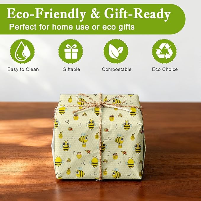 Reusable Beeswax Wraps For Foods, Cheese, Sandwich & Bread- 13 x 39'' Cut to Size - Eco-Friendly Food Storage Alternative to Plastic Wrap & Cheese Paper (Bee Pattern001, 13x39'')