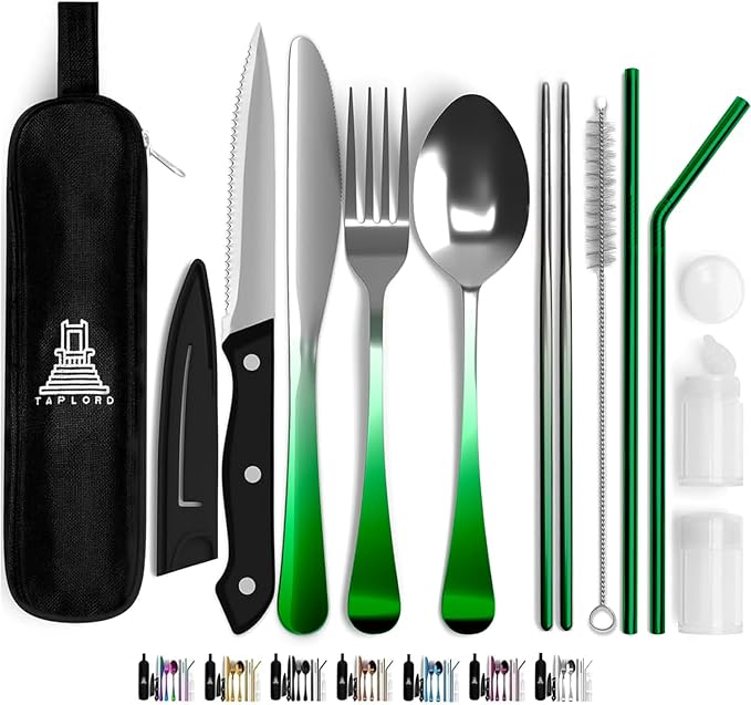 Portable Travel Silverware Set With Case - Includes 10 Pcs of Utensils, Stainless Steel Flatware For Camping, Easy to Travel, Lightweight (Green Two Tune)