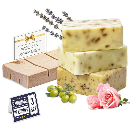 All Natural Set of Soap Bars, Rose, Lavender, Olive Oil with Wooden Soap Dish, Assortment of Natural Hand-Made Soaps, Made in Europe