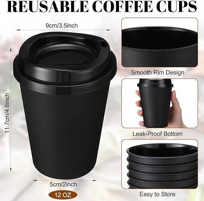 Honeydak 45 Pack 12 oz Reusable Coffee Cups with Lids Portable Tea Cups Reusable Hot Coffee Mugs Tumblers Bulk Plastic Tumblers Travel Drinks Mugs for Hot and Cold Drinks(Black)