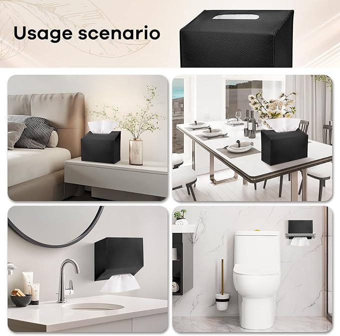 Tissue Box Cover Holder Compatible with Kleenex Disposable Paper Hand Towels, Leather Paper Towel Dispenser for Tabletop, Bathroom, Car, Office (Black-2 Pack)
