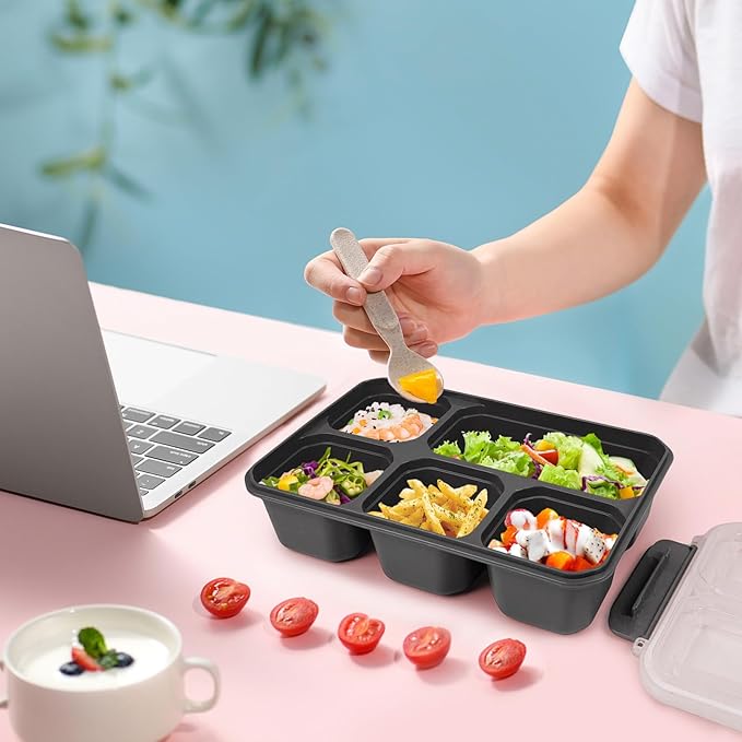greenandlife 4 Pack Bento Lunch Box Set for Kids Adults, 5 Compartment Reusable Wheat Straw Meal Prep Food Storage Snack Containers, Stackable Snack box, Microwave and Dishwasher Safe, Grey+Black