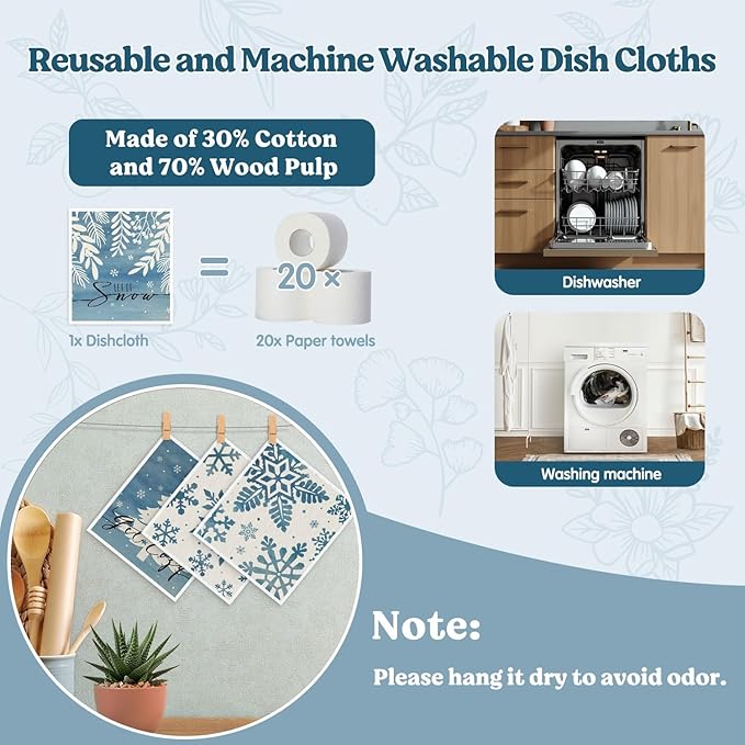 Christmas Swedish Dishcloths for Kitchen, Winter Snowflake Xmas Blue Kitchen Dish Towels for Washing Dishes, 4 Pack Reusable Paper Towels, Sponge Cloths for Home Party Housewarming Cleaning