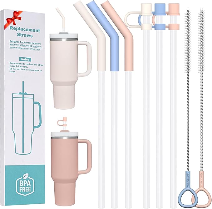 WK ieason 6pcs Reusable Straws for Stanley 40 oz 30 oz Cup and Tumbler, 12 Inch Long Plastic Replacement Straws with Silicone straw Tips, Straw Cover and Cleaning Brush As Stanley Cup Accessories
