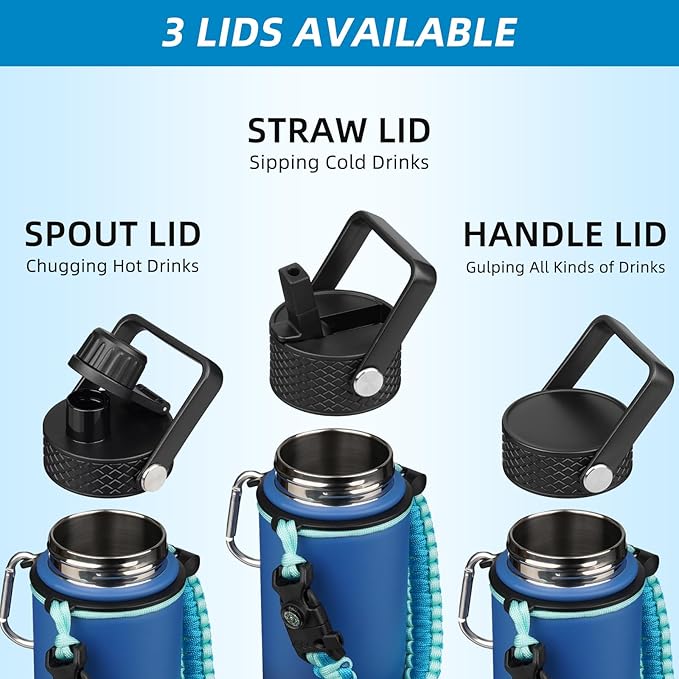 BJPKPK Water Bottle with Straw Lid, 18oz Insulated Water Bottles with 3 Lids, Paracord Handle & Non-slip Boot, Metal Stainless Steel Thermal Flasks, BPA Free Leak Proof Cups, Tumblers,Cherry