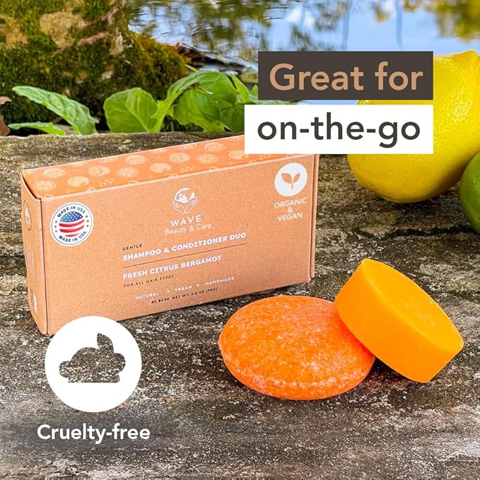 Wave Shampoo Bar & Conditioner Bar Set Fresh Citrus Vegan Sulfate Free USA Handmade Moisturizing Solid Bars for All Hair Types Good for Travel Long Lasting 120 Uses Citrus Shampoo and Conditioner Bar