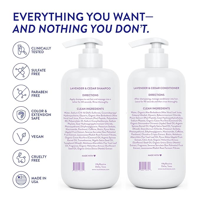 Routine Wellness Anti-Thinning Shampoo and Conditioner Set for Thinning Hair - Biotin DHT Blocker Women & Men - Color Safe Shampoo for Hair Loss & Healthier Hair - Lavender & Cedar (Pack of 2)