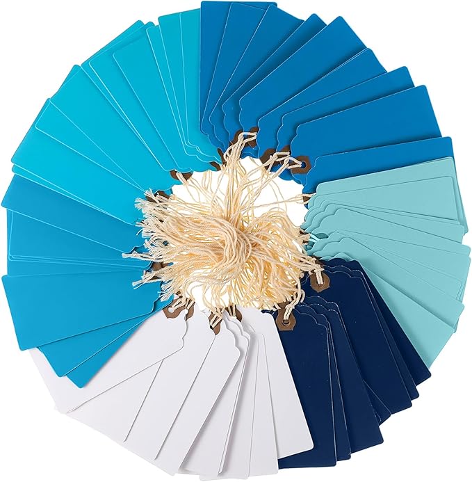 Outus 60 Pcs 4 3/4-in x 2 3/8-in Blank Large Paper Gift Tags with String and Reinforced Eyelet Wire Writable Price Tags Shipping Labels Inventory Labels(Gradient Blue)