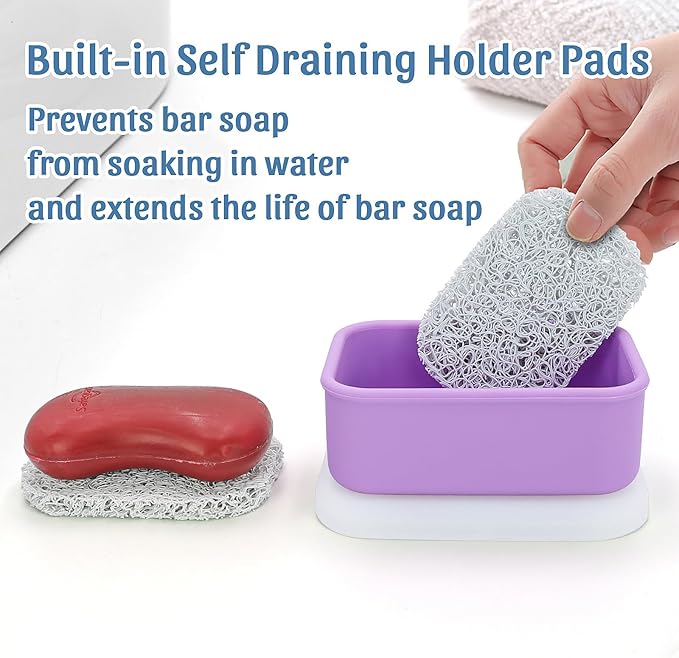 OZNER Leak Proof Travel Soap Container (Purple) - Silicone Soap Case with Drainage Pad, Compact Shatterproof Dish for Travel, Camping, Gym, Dorm, Bathroom Organizer