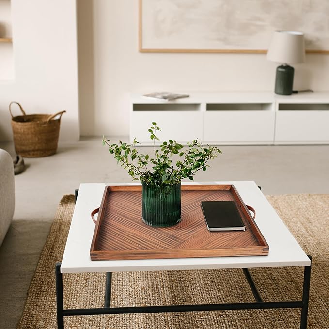 Large Ottoman Wood Trays, Wooden Serving Tray with Handles, Large Ottoman Tray, Square Wooden Serving Tray for Coffee Table, Living Room and Kitchen, 24 x 24 inch