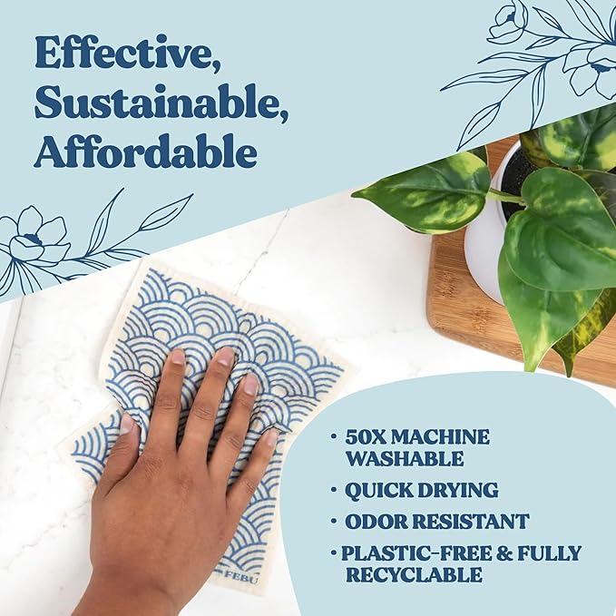 FEBU Swedish Dishcloths for Kitchen | 5 Pack Italian Summer Reusable Paper Towels Washable | Swedish Dish Towels | Non-Scratch Cellulose Sponge Cloths | No Odor, Biodegradable Cleaning Cloths