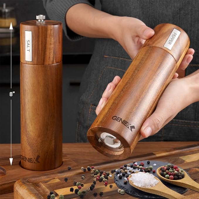 KING Acacia Salt Pepper Wood Grinders, Wooden Salt and Pepper Grinder Set, Refillable and Adjustable, 8" Tall Manual Salt Pepper Grinder Mill 2pcs, Cool House Warming Gift and Home Gifts