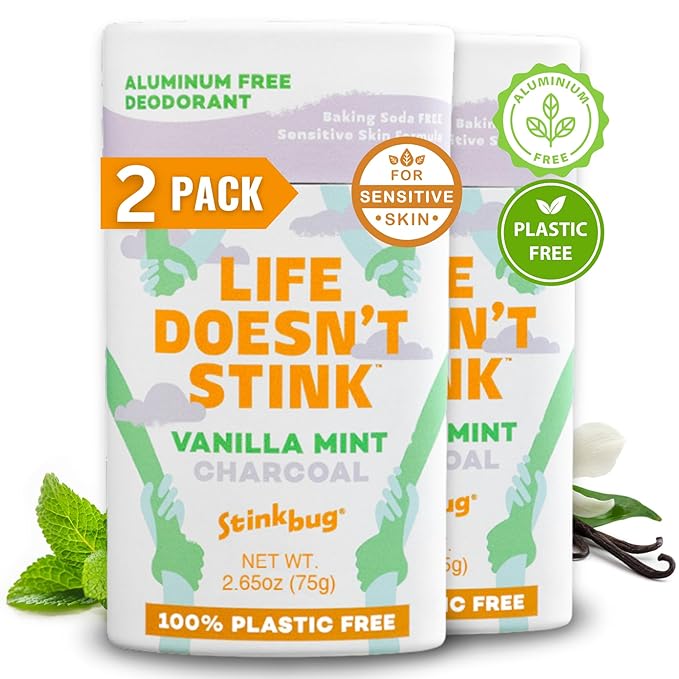 Stinkbug Naturals Organic Plastic Free Sensitive Skin Deodorant Stick with Vanilla Mint, Coconut Oil and Activated Charcoal, Aluminum Free Deodorant, 2.65 Ounce Pack of 2