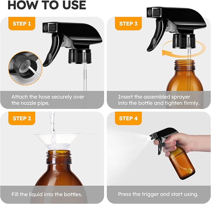 Tecohouse 360° 4 OZ Amber Glass Spray Bottles, 2 Pack Empty Refillable Containers with Adjustable Spray Nozzles, Spray Bottles for Cleaning Solutions, Plants, Hairs