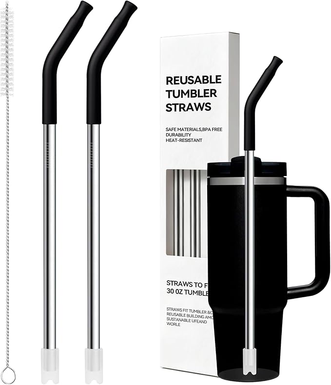 Metal Straw Reusable for Stanley 30 OZ Tumbler, 2 Pcs Long Stainless Steel Drinking Straws with Black Silicone Tip for STANLEY Quencher 30 oz Cups, 1 Straw Brush, BPA Free Dishwasher Safe(Black)