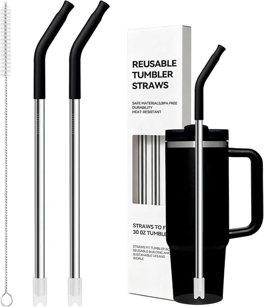 Metal Straw Reusable for Stanley 30 OZ Tumbler, 2 Pcs Long Stainless Steel Drinking Straws with Black Silicone Tip for STANLEY Quencher 30 oz Cups, 1 Straw Brush, BPA Free Dishwasher Safe(Black)