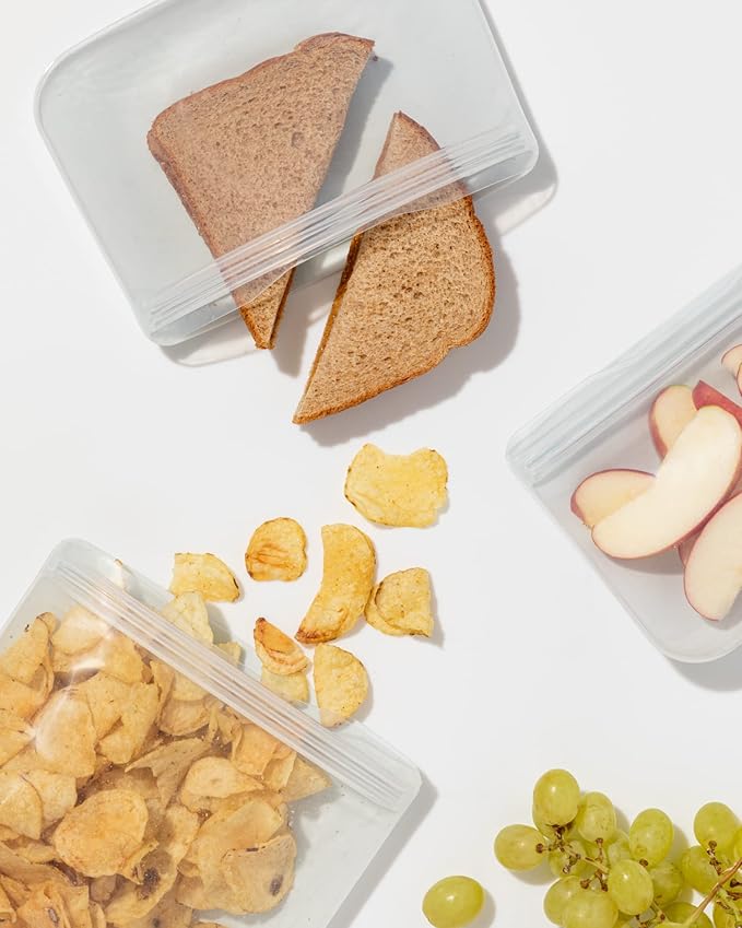 W&P Porter Silicone Reusable Storage Bags, Flat Variety 3 Pack (10oz, 34oz, 46oz), Mint, Food Storage Container, Microwave and Dishwasher Safe, Easy Cleaning